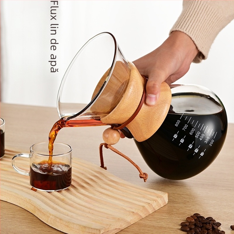 Cafetieră din sticlă borosilicată, rezistentă la temperaturi, mâner din lemn, pentru preparare manuală a cafelei, pentru cold brew în stil italian, uz casnic