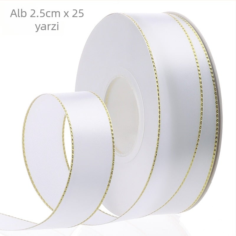 Panglică satin cu margine auriu, lățime 2,5 cm – panglică de ambalare premium pentru buchete, flori, cadouri și decorațiuni