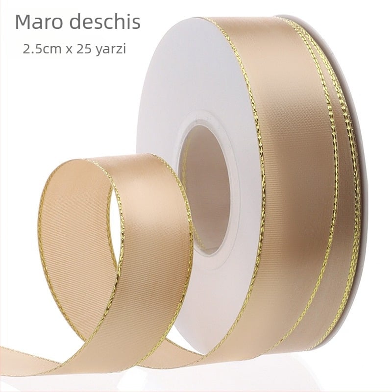 Panglică satin cu margine auriu, lățime 2,5 cm – panglică de ambalare premium pentru buchete, flori, cadouri și decorațiuni