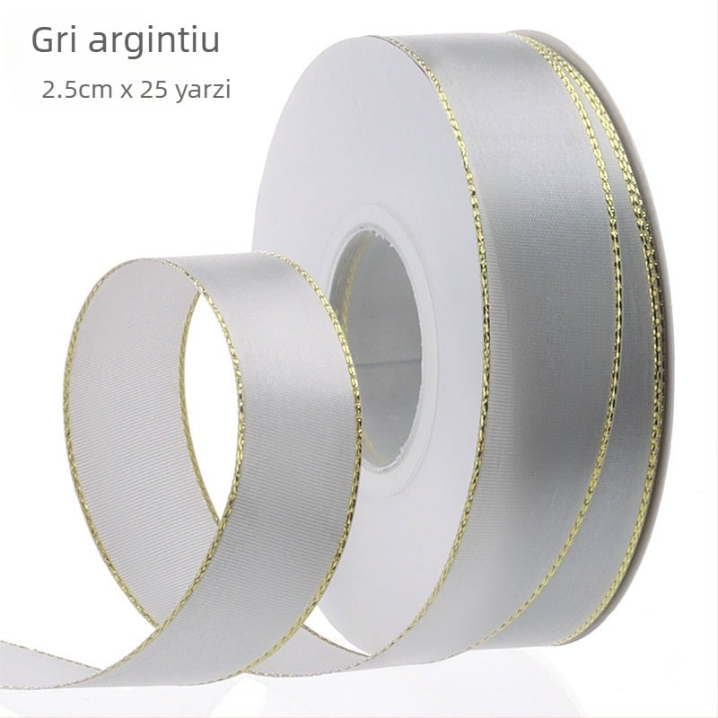 Panglică satin cu margine auriu, lățime 2,5 cm – panglică de ambalare premium pentru buchete, flori, cadouri și decorațiuni