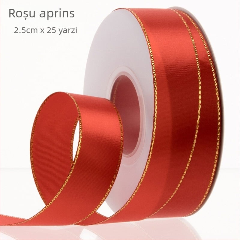 Panglică satin cu margine auriu, lățime 2,5 cm – panglică de ambalare premium pentru buchete, flori, cadouri și decorațiuni