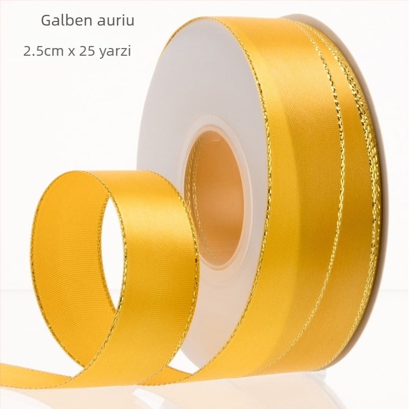 Panglică satin cu margine auriu, lățime 2,5 cm – panglică de ambalare premium pentru buchete, flori, cadouri și decorațiuni