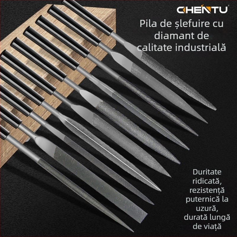 Set de fișiere asortate pentru modelare și finisare: fișiere plate mici, semicercuri și triunghiuri pentru lemn și metal