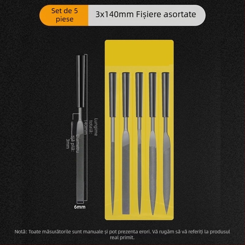 Set de fișiere asortate pentru modelare și finisare: fișiere plate mici, semicercuri și triunghiuri pentru lemn și metal
