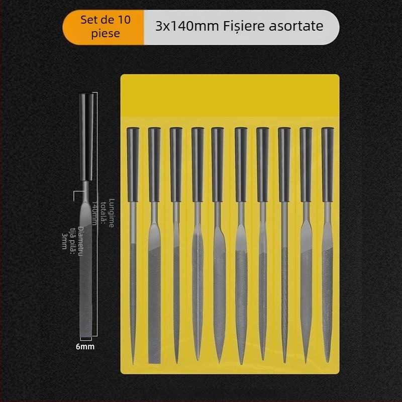 Set de fișiere asortate pentru modelare și finisare: fișiere plate mici, semicercuri și triunghiuri pentru lemn și metal