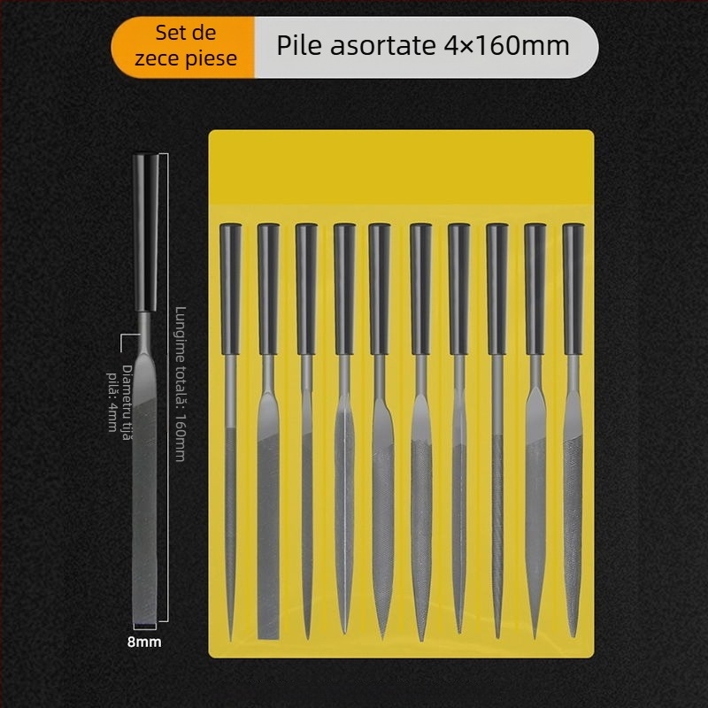 Set de fișiere asortate pentru modelare și finisare: fișiere plate mici, semicercuri și triunghiuri pentru lemn și metal