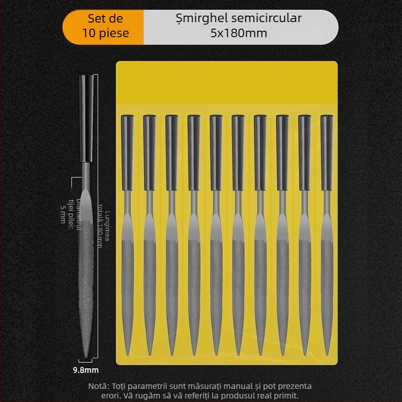 Set de fișiere asortate pentru modelare și finisare: fișiere plate mici, semicercuri și triunghiuri pentru lemn și metal