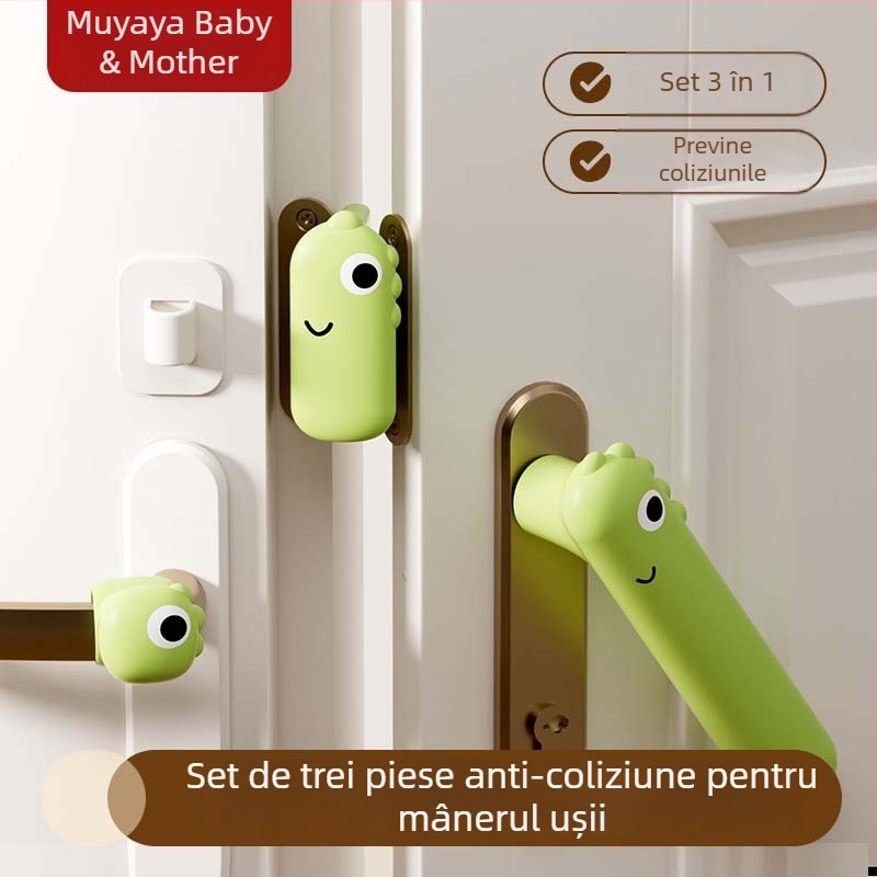 Set din silicon pentru mânerul ușii, temă dinosaur, protecție anti-coliziune și anti-static, format din trei piese, funcționare silențioasă