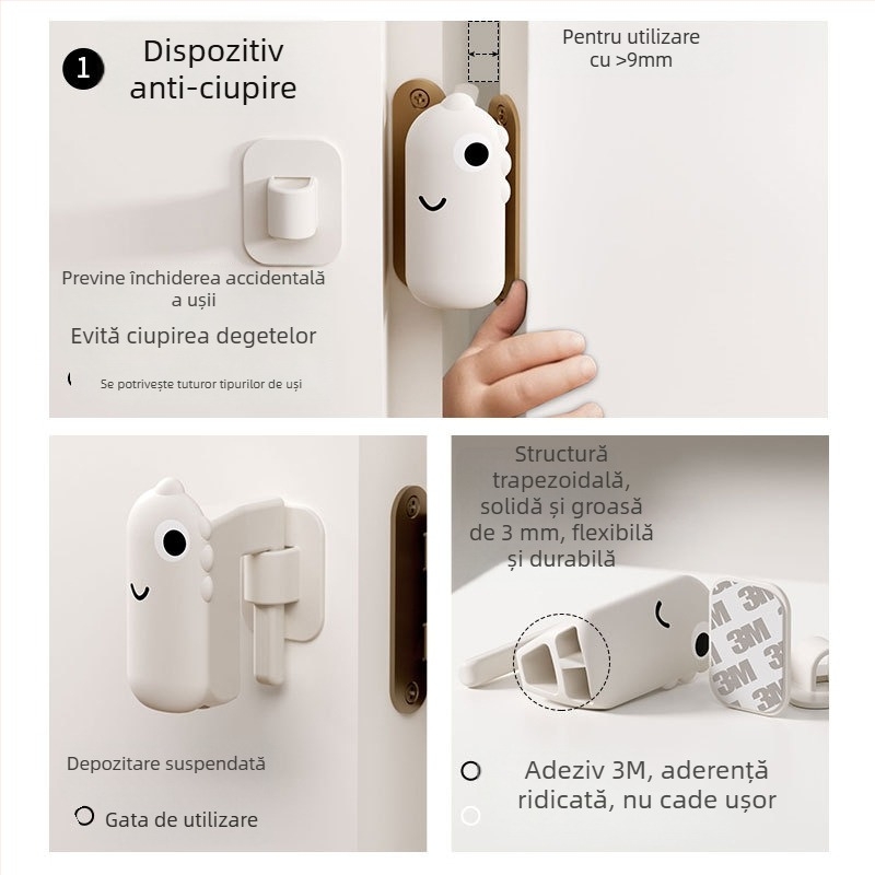 Set din silicon pentru mânerul ușii, temă dinosaur, protecție anti-coliziune și anti-static, format din trei piese, funcționare silențioasă