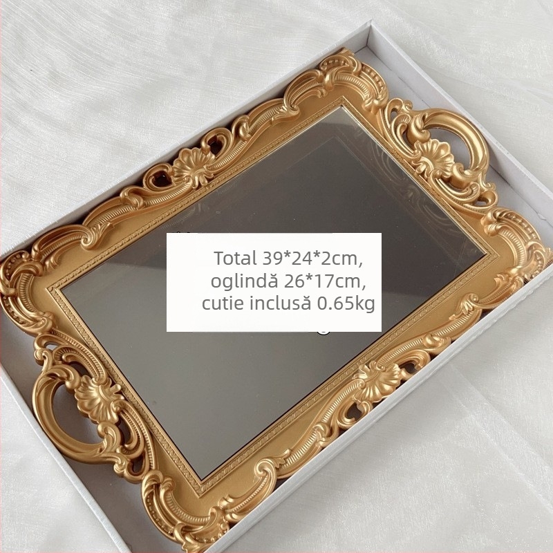 Platou alb cu oglindă în stil franțuzesc, tavă de ceai vintage cu suprafață reliefată, accente roz și detalii aurii, accesorii pentru fotografiat bijuterii