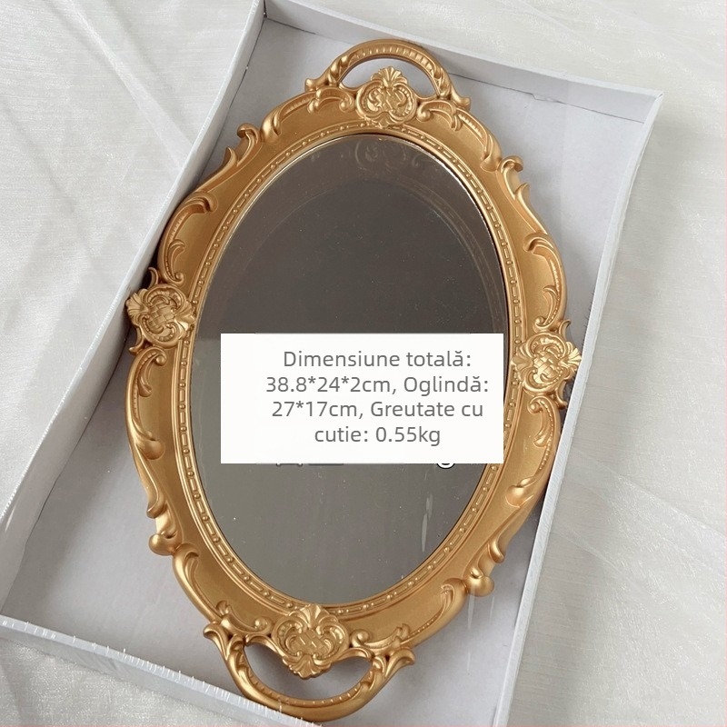 Platou alb cu oglindă în stil franțuzesc, tavă de ceai vintage cu suprafață reliefată, accente roz și detalii aurii, accesorii pentru fotografiat bijuterii