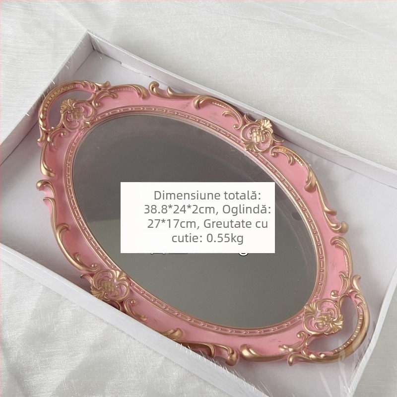 Platou alb cu oglindă în stil franțuzesc, tavă de ceai vintage cu suprafață reliefată, accente roz și detalii aurii, accesorii pentru fotografiat bijuterii