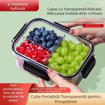 Cutie portabilă, transparentă pentru alimente, cu compartimente pentru fructe și prânz