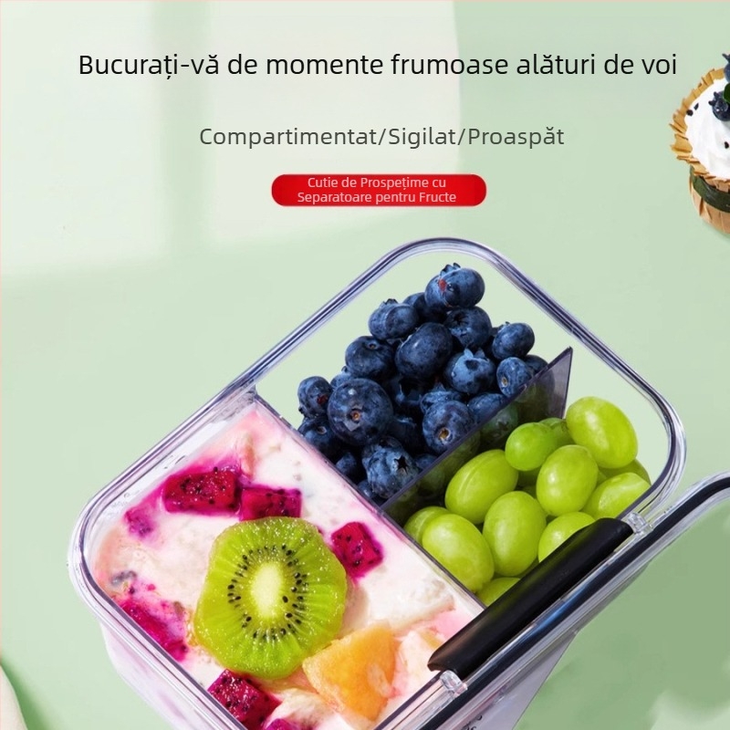 Cutie portabilă, transparentă pentru alimente, cu compartimente pentru fructe și prânz