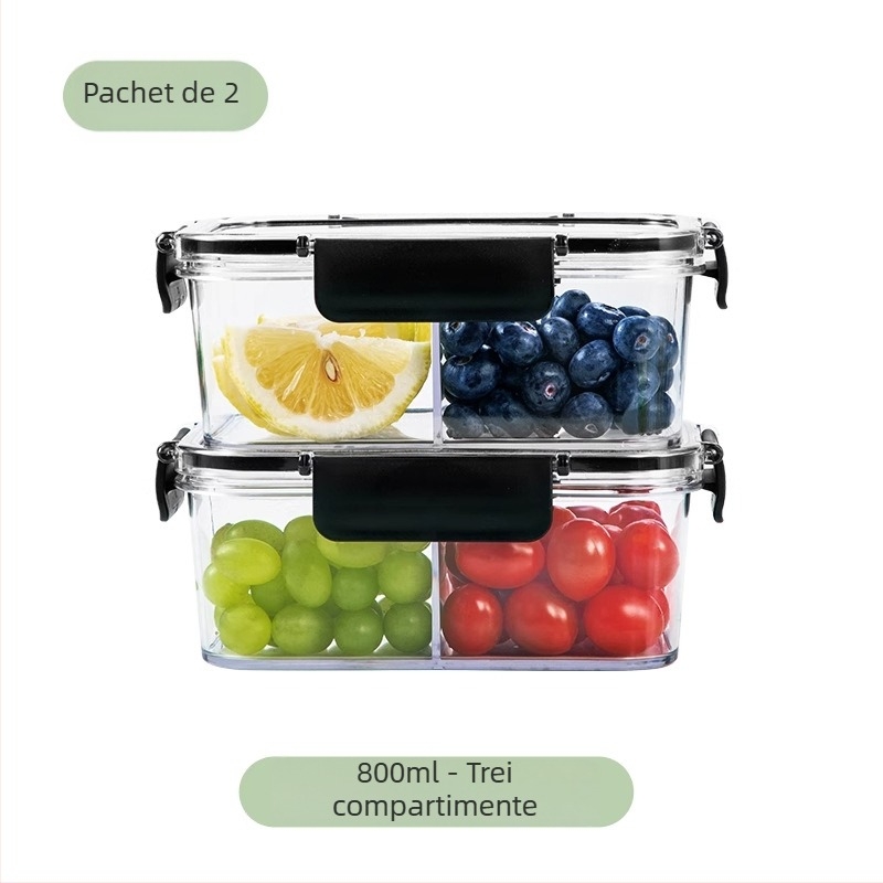 Cutie portabilă, transparentă pentru alimente, cu compartimente pentru fructe și prânz