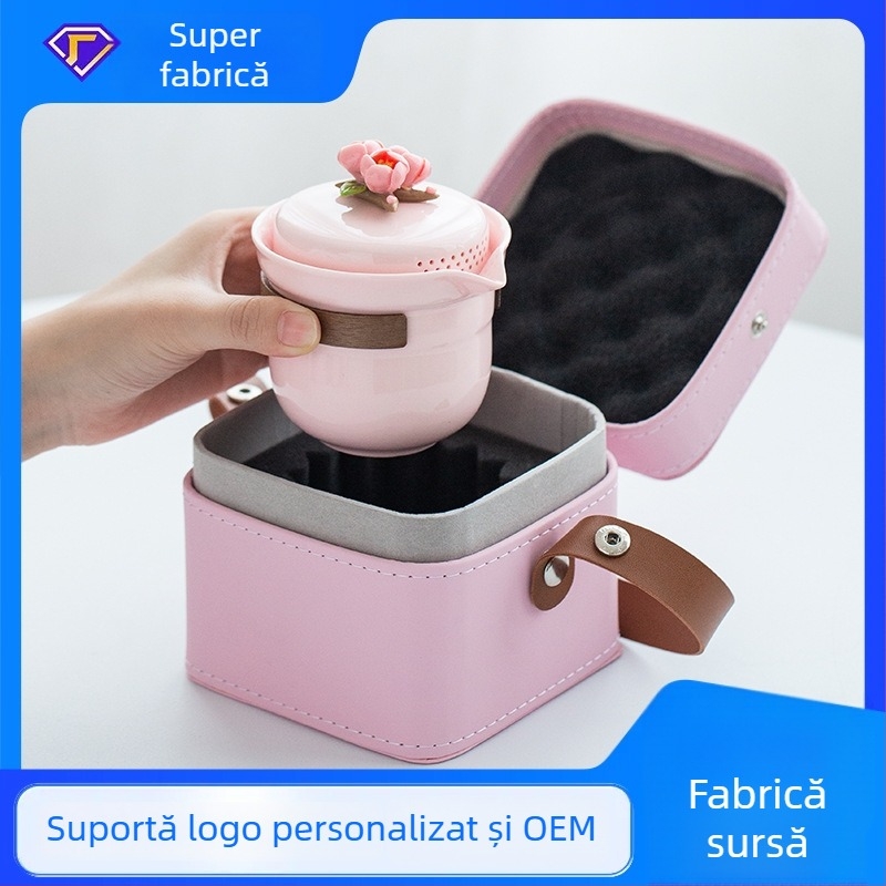 Set de ceai ceramic pentru călătorii: ceainic portabil cu trei cești pentru camping