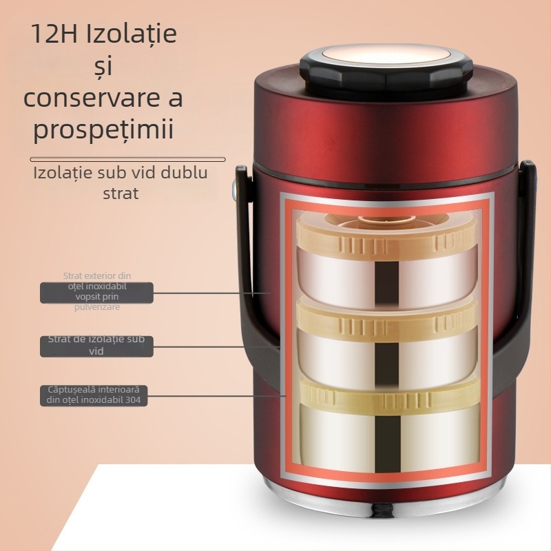 Cutie de prânz din oțel inoxidabil, izolație în vid, trei straturi, capacitate mare, pentru elevi și angajați, cutie de prânz portabilă cu compartimente