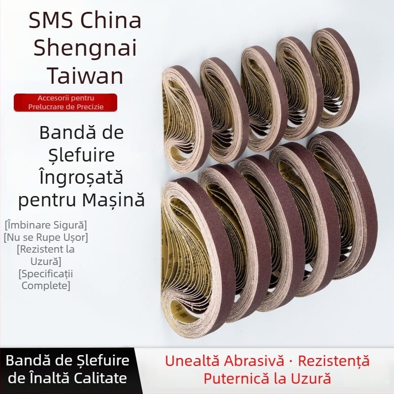 Bandă abrazivă pentru șlefuire și polizare, corund maro, dimensiuni 330×10 mm și 520×20 mm, pentru metal și lemn