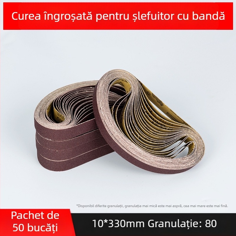 Bandă abrazivă pentru șlefuire și polizare, corund maro, dimensiuni 330×10 mm și 520×20 mm, pentru metal și lemn