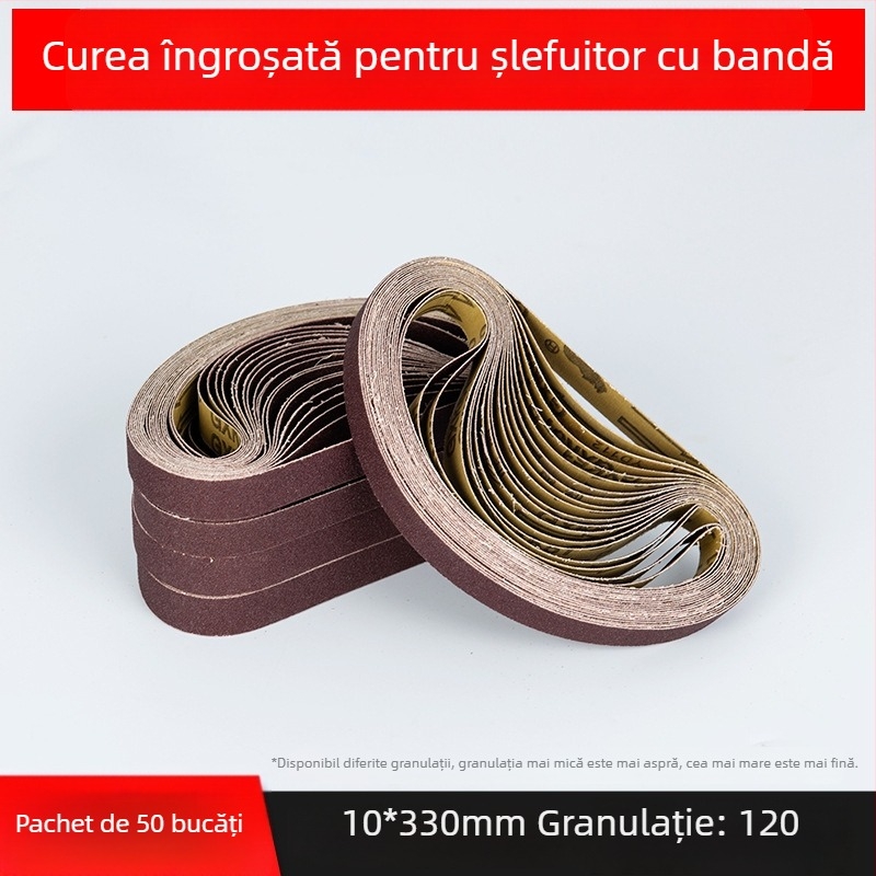 Bandă abrazivă pentru șlefuire și polizare, corund maro, dimensiuni 330×10 mm și 520×20 mm, pentru metal și lemn