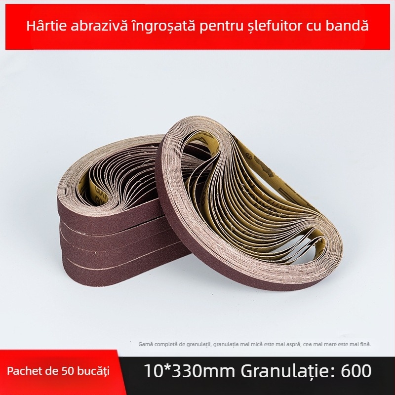 Bandă abrazivă pentru șlefuire și polizare, corund maro, dimensiuni 330×10 mm și 520×20 mm, pentru metal și lemn