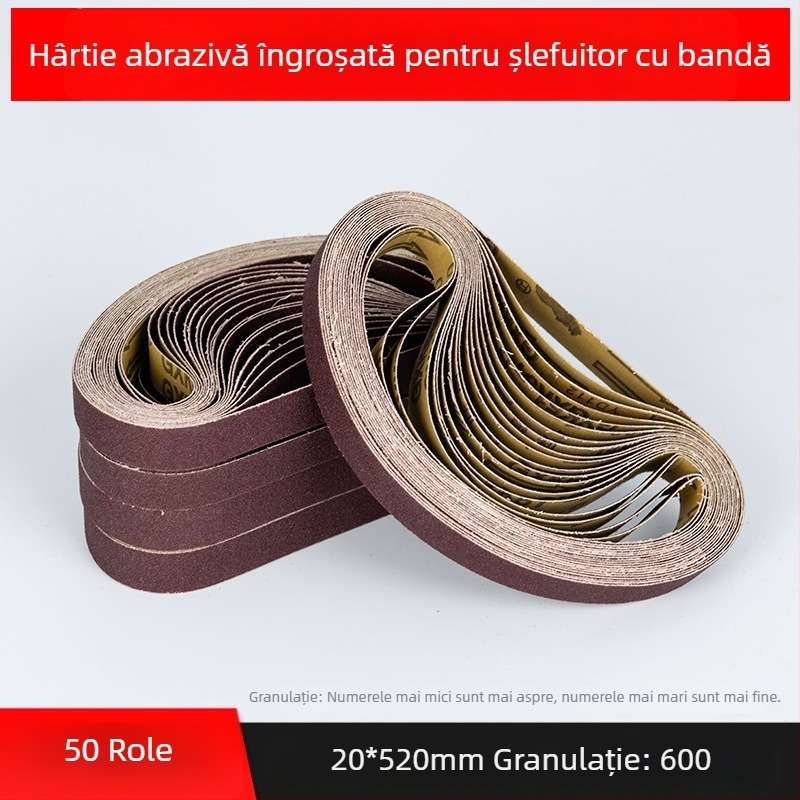 Bandă abrazivă pentru șlefuire și polizare, corund maro, dimensiuni 330×10 mm și 520×20 mm, pentru metal și lemn