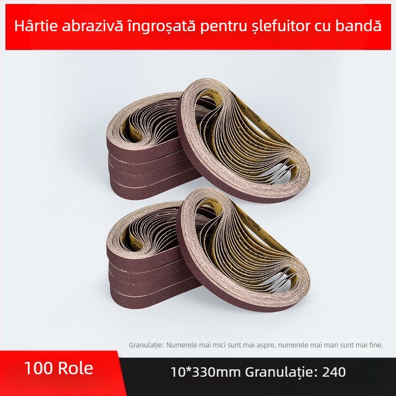 Bandă abrazivă pentru șlefuire și polizare, corund maro, dimensiuni 330×10 mm și 520×20 mm, pentru metal și lemn