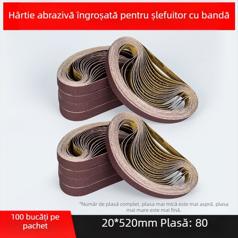 Bandă abrazivă pentru șlefuire și polizare, corund maro, dimensiuni 330×10 mm și 520×20 mm, pentru metal și lemn