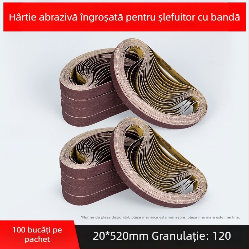 Bandă abrazivă pentru șlefuire și polizare, corund maro, dimensiuni 330×10 mm și 520×20 mm, pentru metal și lemn