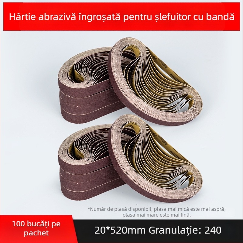Bandă abrazivă pentru șlefuire și polizare, corund maro, dimensiuni 330×10 mm și 520×20 mm, pentru metal și lemn