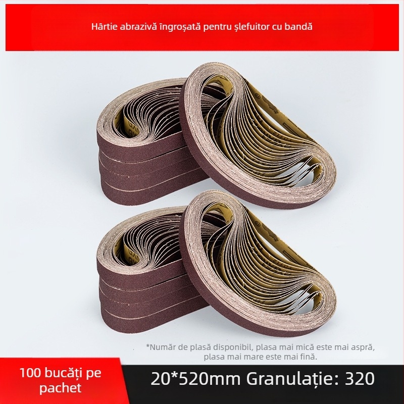 Bandă abrazivă pentru șlefuire și polizare, corund maro, dimensiuni 330×10 mm și 520×20 mm, pentru metal și lemn