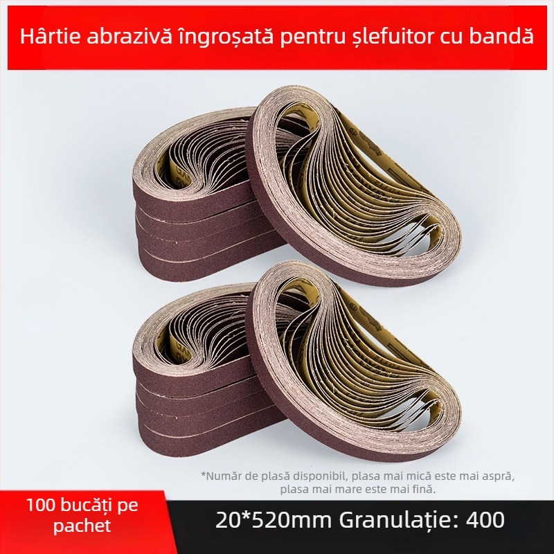 Bandă abrazivă pentru șlefuire și polizare, corund maro, dimensiuni 330×10 mm și 520×20 mm, pentru metal și lemn