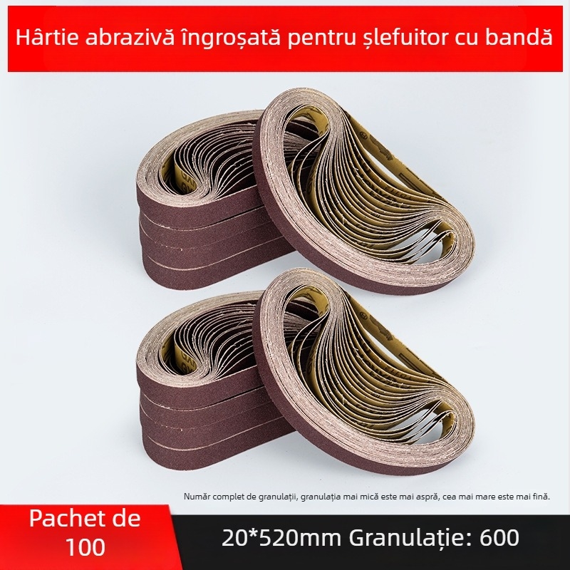 Bandă abrazivă pentru șlefuire și polizare, corund maro, dimensiuni 330×10 mm și 520×20 mm, pentru metal și lemn