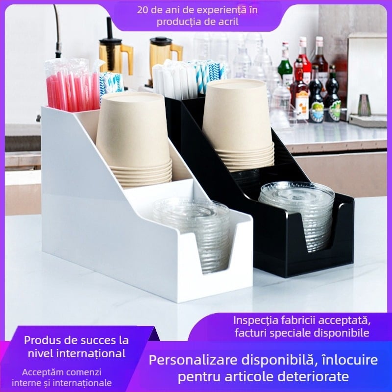 Organizator de birou din acrilic, cu 6 etaje, pentru farfurii de hârtie, pahare de unică folosință și paie – suport multifuncțional pentru bar și cafea