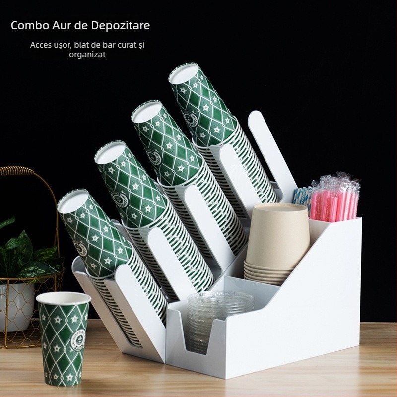 Organizator de birou din acrilic, cu 6 etaje, pentru farfurii de hârtie, pahare de unică folosință și paie – suport multifuncțional pentru bar și cafea