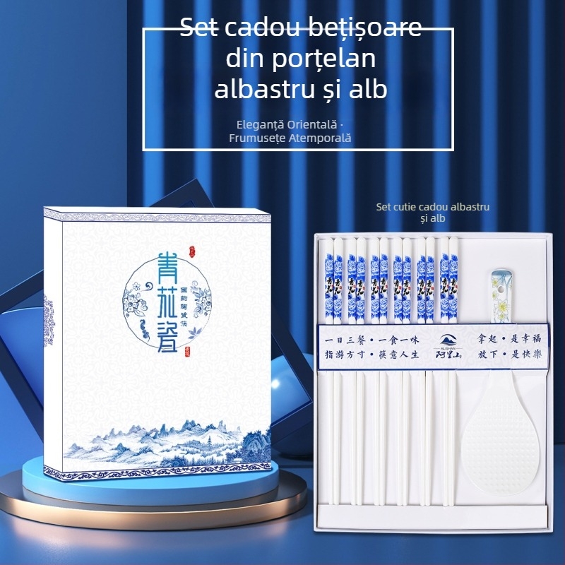 Bețișoare ceramice alb-albastru, 10 perechi, porțelan de oase, rezistente la mucegai și deformare, cadou