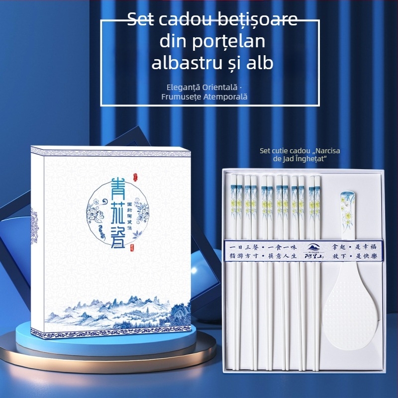 Bețișoare ceramice alb-albastru, 10 perechi, porțelan de oase, rezistente la mucegai și deformare, cadou