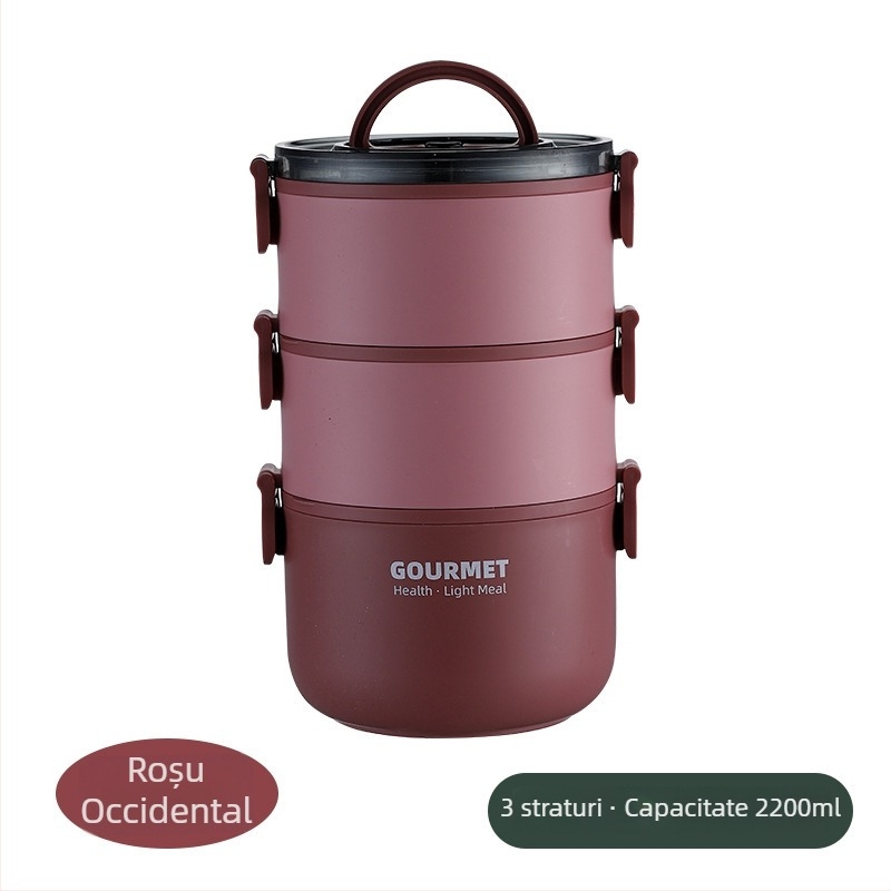 Cutie pentru prânz rotundă din oțel inoxidabil 304, trei niveluri, izolație, cu mâner