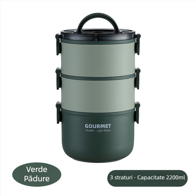 Cutie pentru prânz rotundă din oțel inoxidabil 304, trei niveluri, izolație, cu mâner