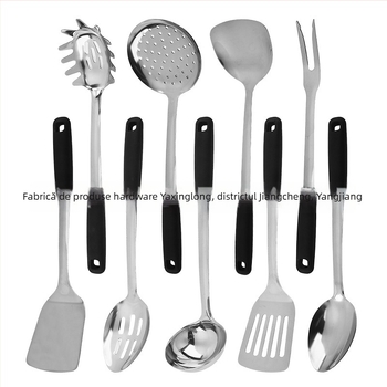 Set de spatule din oțel inoxidabil, mâner din plastic rezistent la temperaturi, include lingură pentru supă și lingură cu găuri