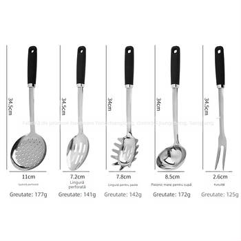 Set de spatule din oțel inoxidabil, mâner din plastic rezistent la temperaturi, include lingură pentru supă și lingură cu găuri