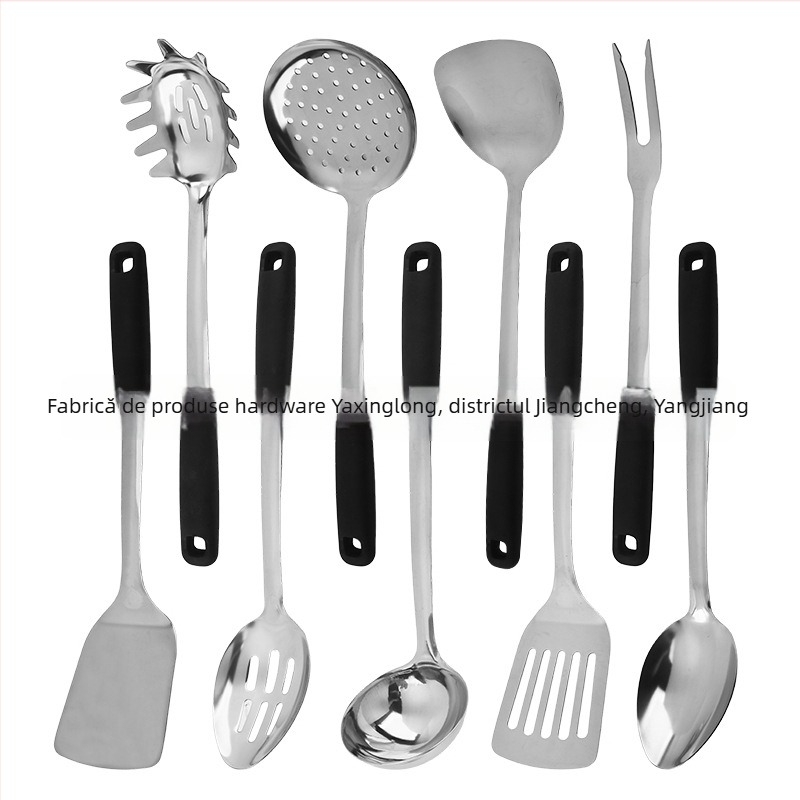 Set de spatule din oțel inoxidabil, mâner din plastic rezistent la temperaturi, include lingură pentru supă și lingură cu găuri