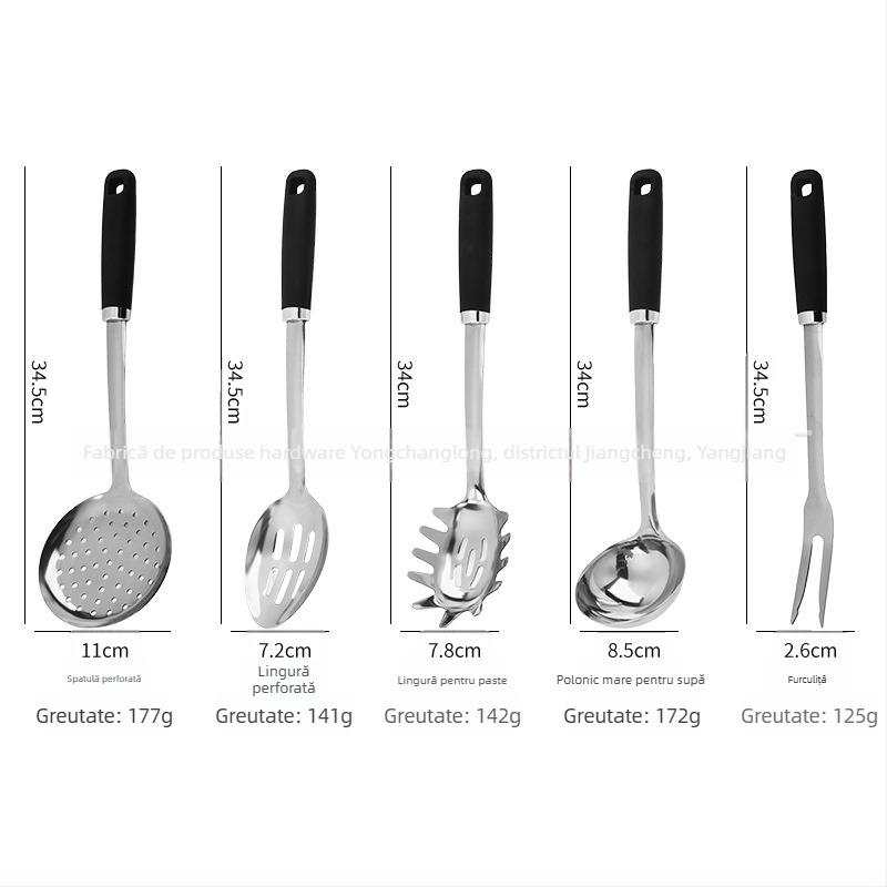 Set de spatule din oțel inoxidabil, mâner din plastic rezistent la temperaturi, include lingură pentru supă și lingură cu găuri