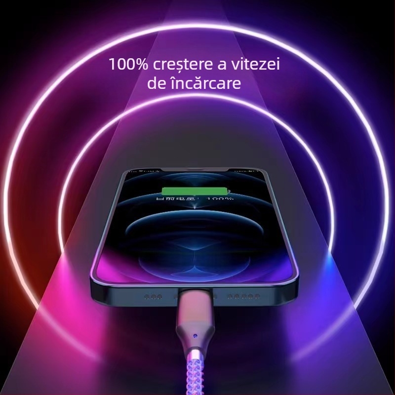 Cablu de date RGB iluminat USB‑C cu încărcare PD rapidă, conectori multipli (Type-C/Micro USB/Lightning), 3 în 1