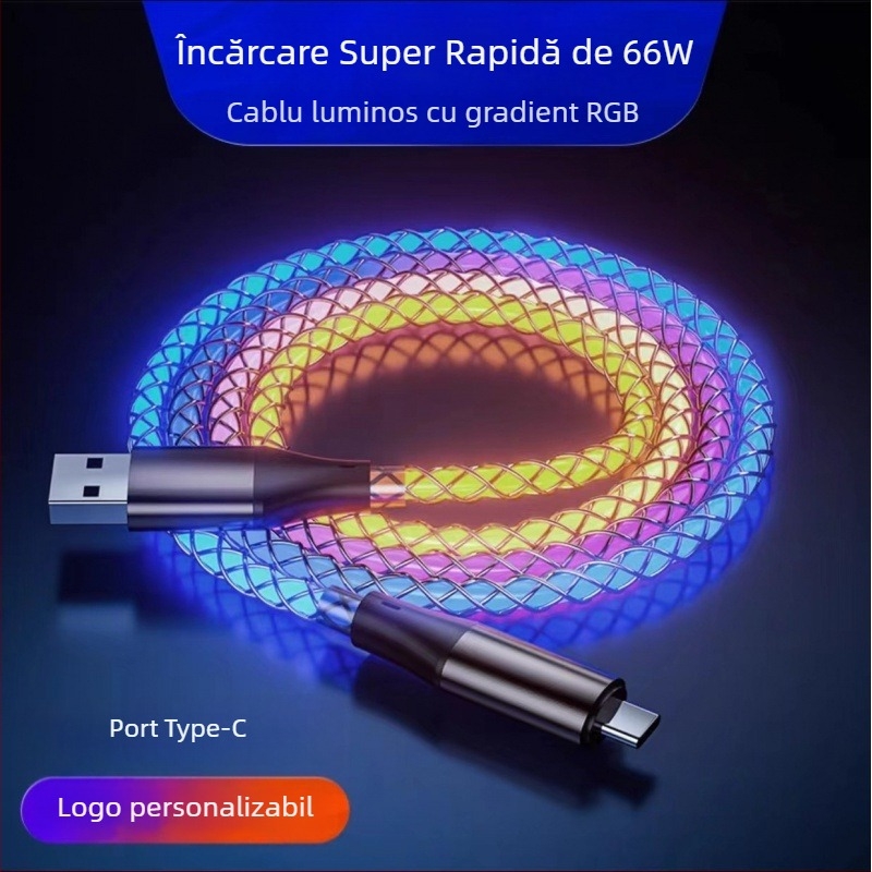 Cablu de date RGB iluminat USB‑C cu încărcare PD rapidă, conectori multipli (Type-C/Micro USB/Lightning), 3 în 1