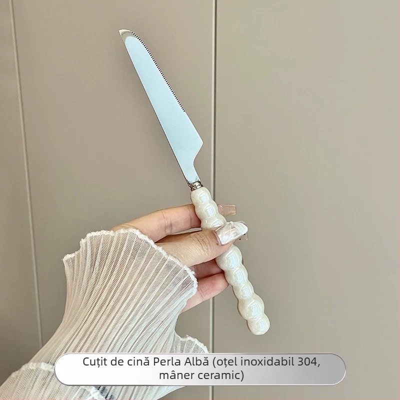 Set tacâm din oțel inoxidabil 304 cu mâner ceramic perlă: cuțit, furculiță și lingură; lingură de desert și lingură de masă