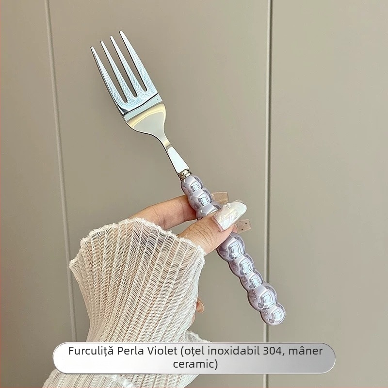 Set tacâm din oțel inoxidabil 304 cu mâner ceramic perlă: cuțit, furculiță și lingură; lingură de desert și lingură de masă