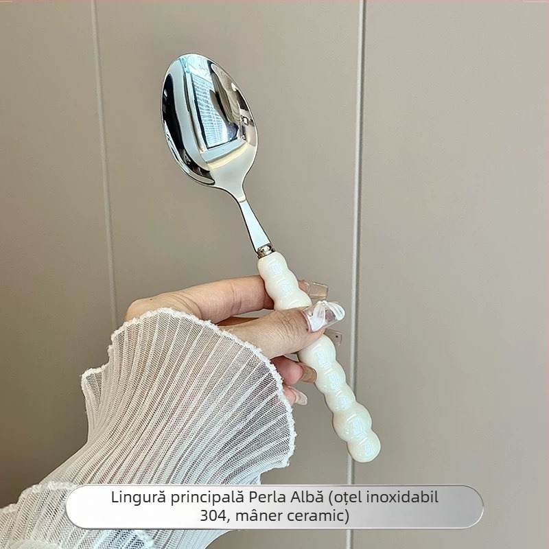 Set tacâm din oțel inoxidabil 304 cu mâner ceramic perlă: cuțit, furculiță și lingură; lingură de desert și lingură de masă