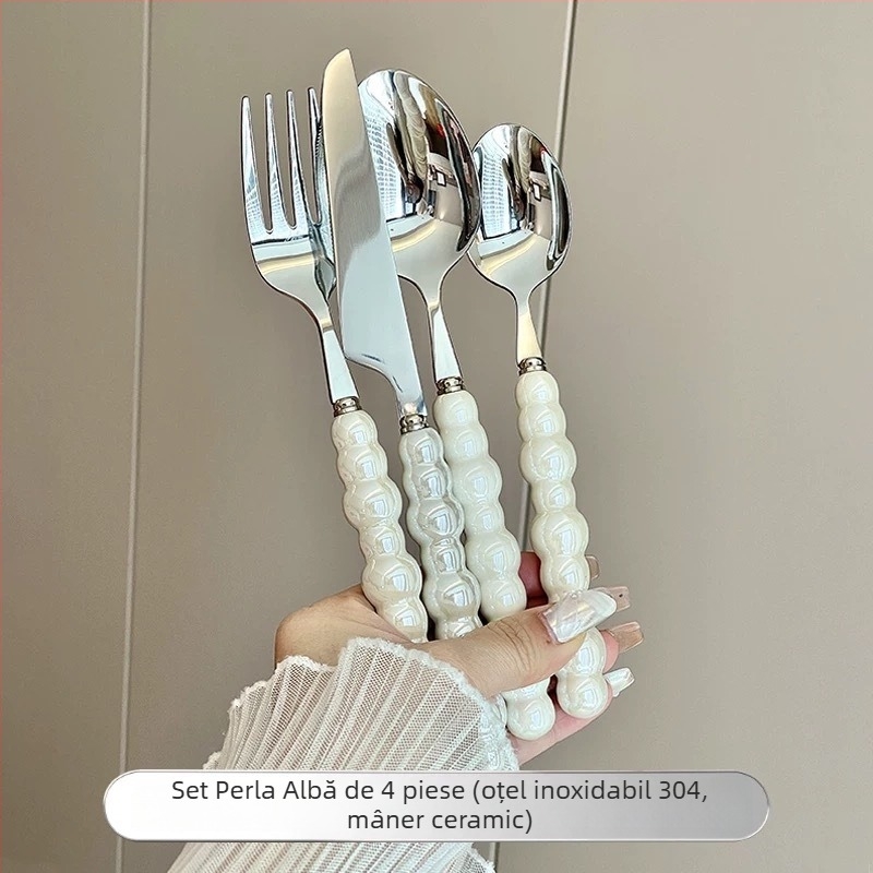 Set tacâm din oțel inoxidabil 304 cu mâner ceramic perlă: cuțit, furculiță și lingură; lingură de desert și lingură de masă