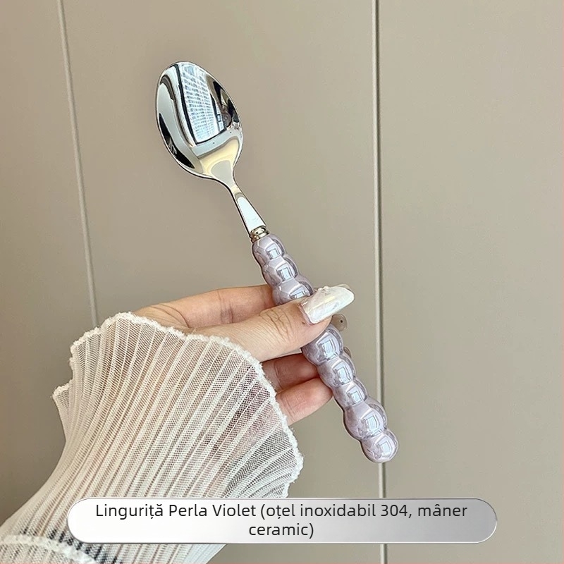 Set tacâm din oțel inoxidabil 304 cu mâner ceramic perlă: cuțit, furculiță și lingură; lingură de desert și lingură de masă